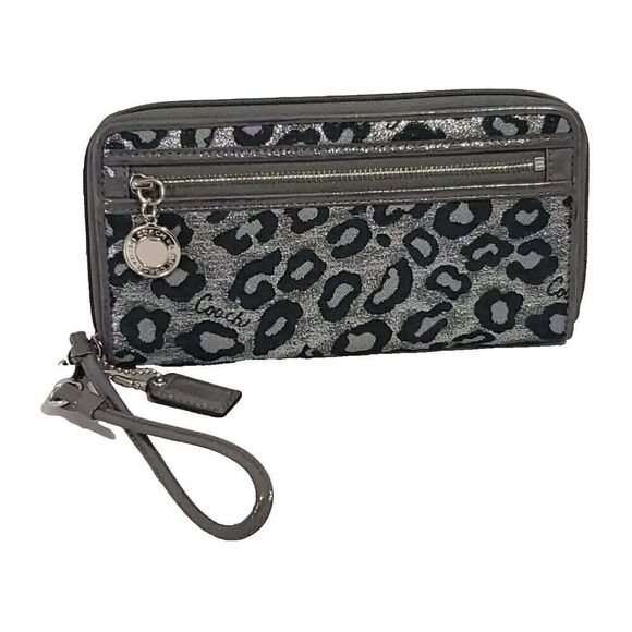 Coach Wristlet Wallet Accordion Zip-Around Ocelot Print Metallic Silver Lurex - Picture 1 of 10